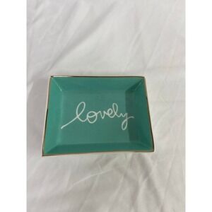 EUC J. Crew turquoise cursive‎ gold rim rectangle jewelry dish decor glassware